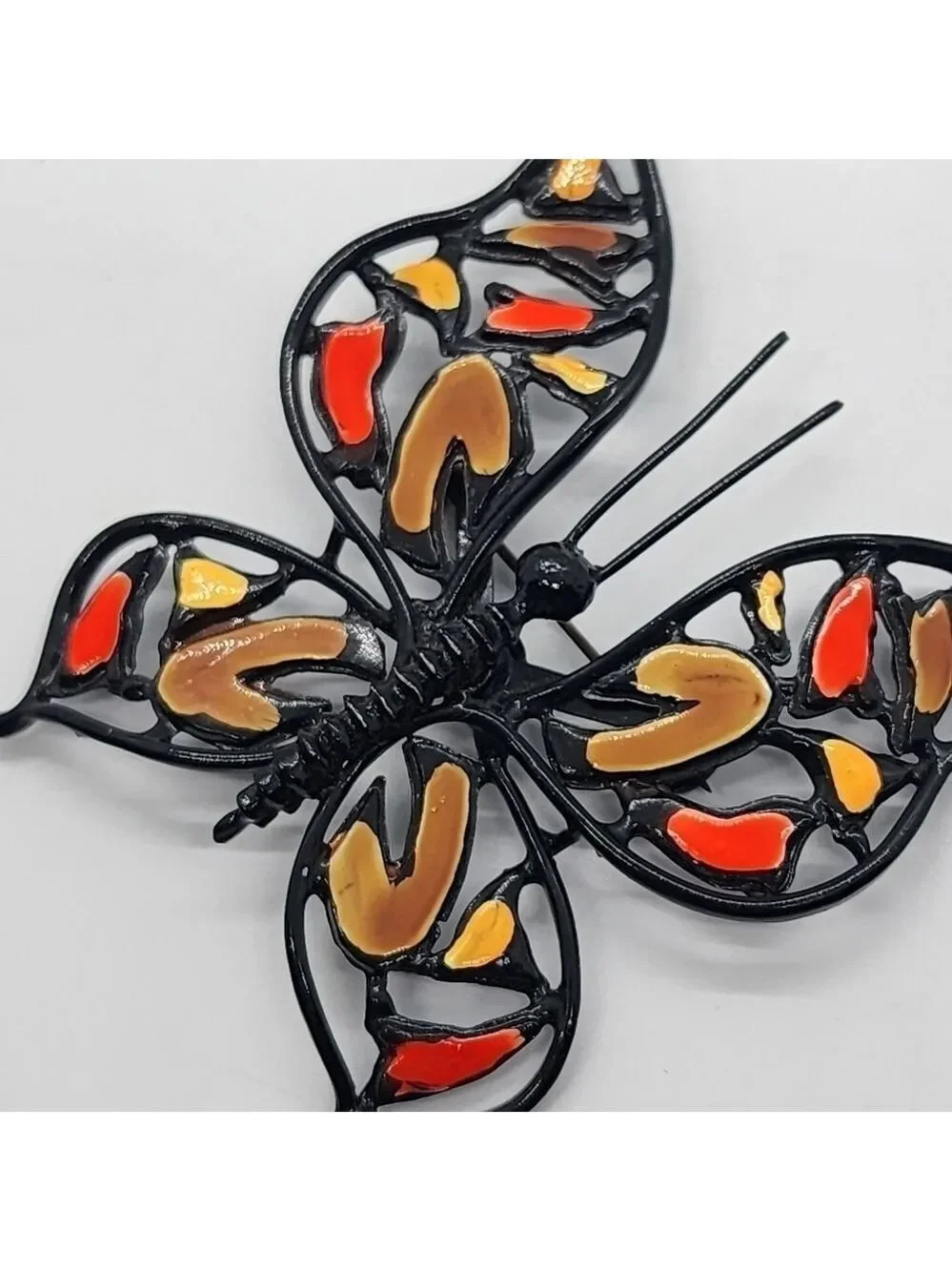 Vintage large black metal enamel Butterfly brooch pin unique